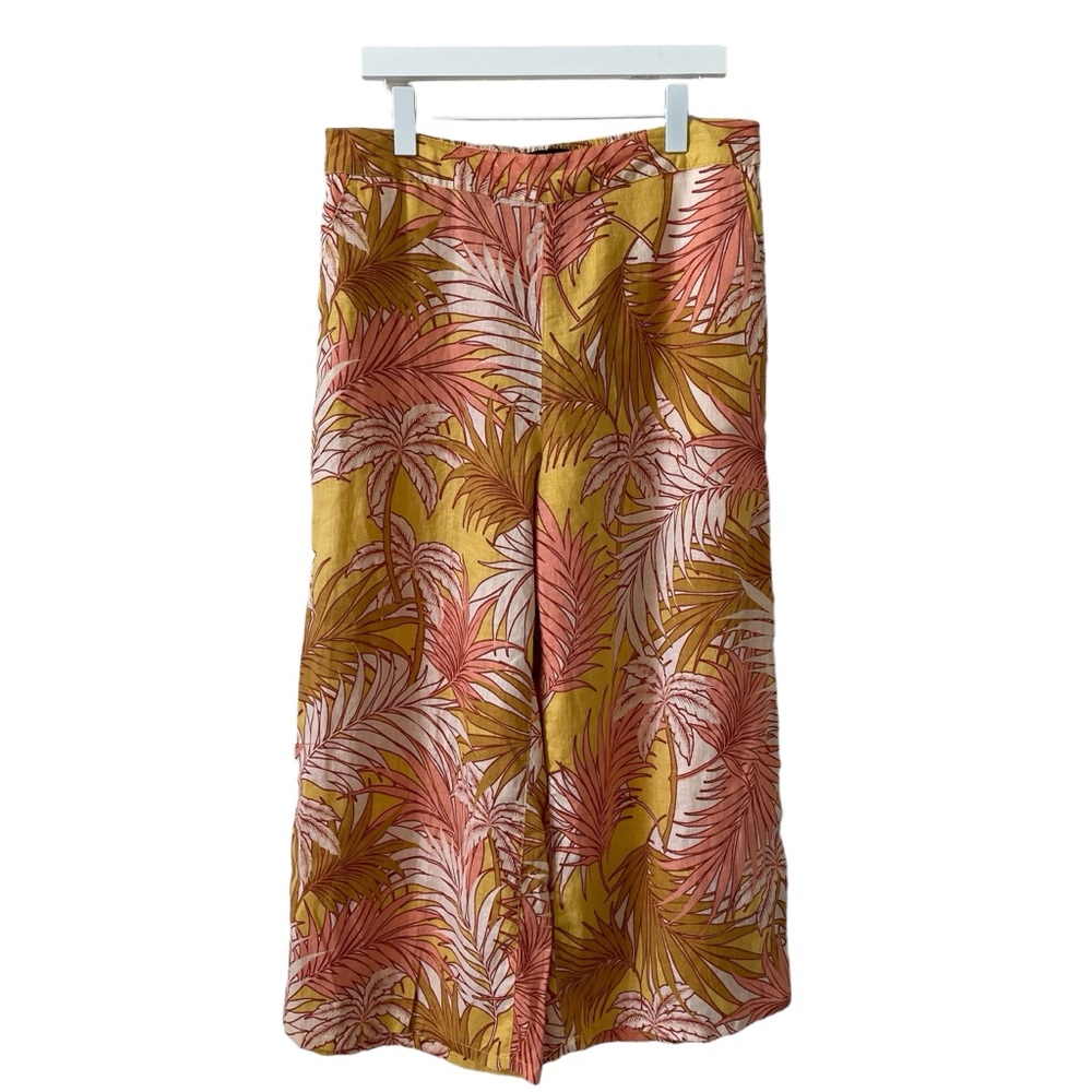 Tahari 100% Linen Yellow Palm Wide Leg Cropped Pull On Pant Size Medium Tropical